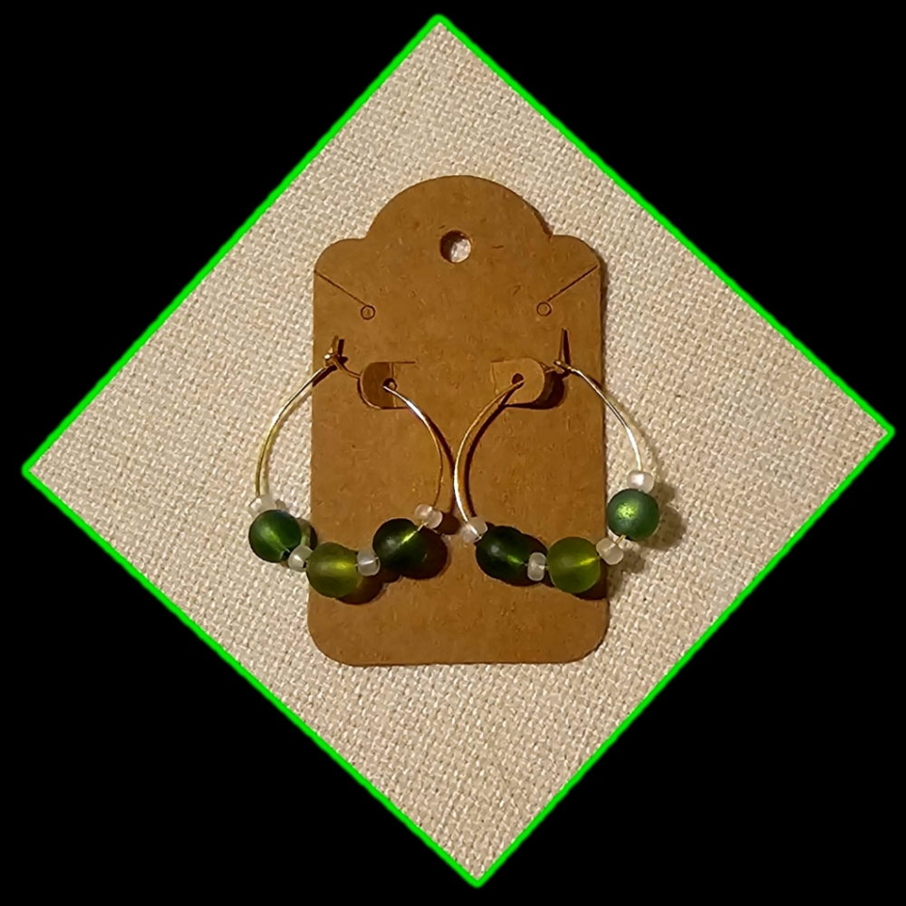 NEW- Hand Crafted Shimmer Green Beaded Hoop Earrings